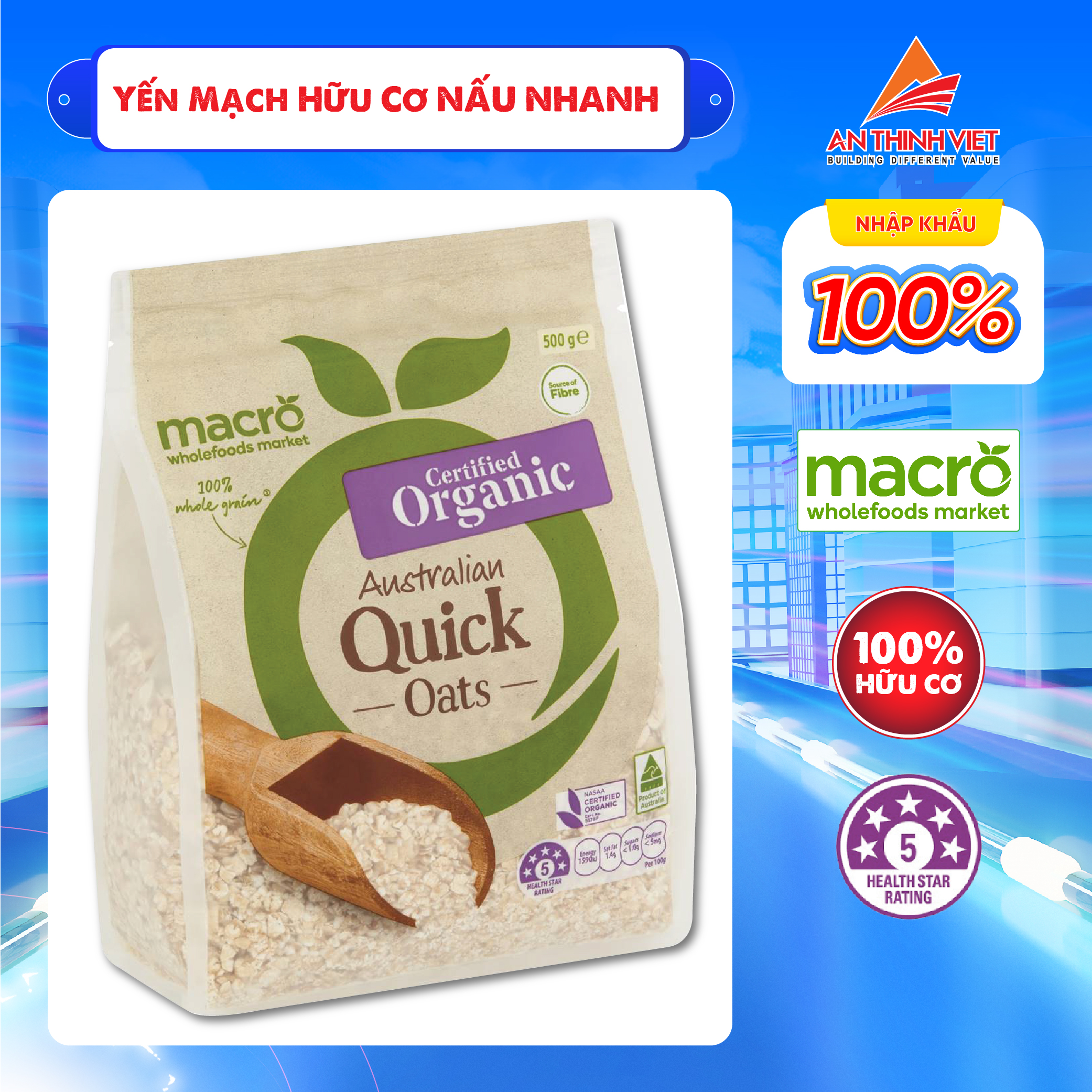 Yến mạch Hữu Cơ nấu nhanh - Macro Organic Quick Oats 500g