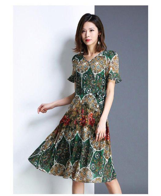 ĐẦM XÒE CỔ TIM TAY LOE IN HỌA TIẾT
