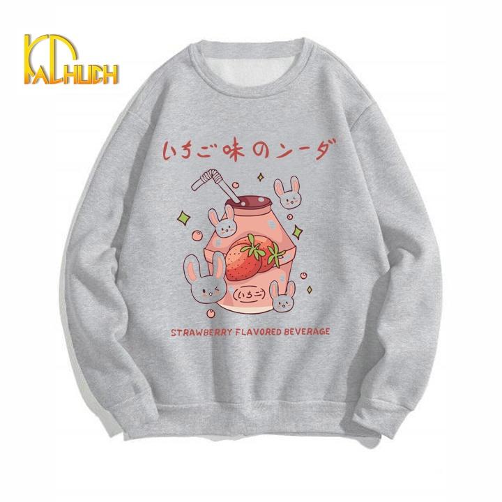 ÁO SWEATER NỈ NỮ IN STRAWBERY FLAVORED BEVERAGE KÈM CLIP THẬT ĐỦ SIZE M L XL