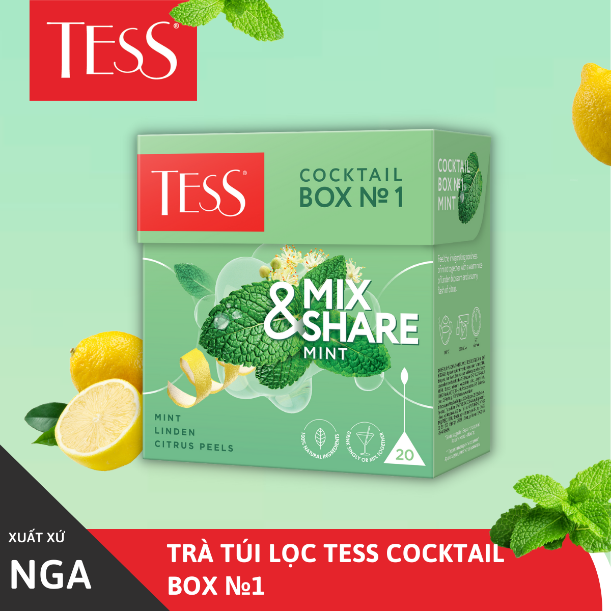 Trà ô long Tess Mix and Share vị bạc hà 20 gói/hộp