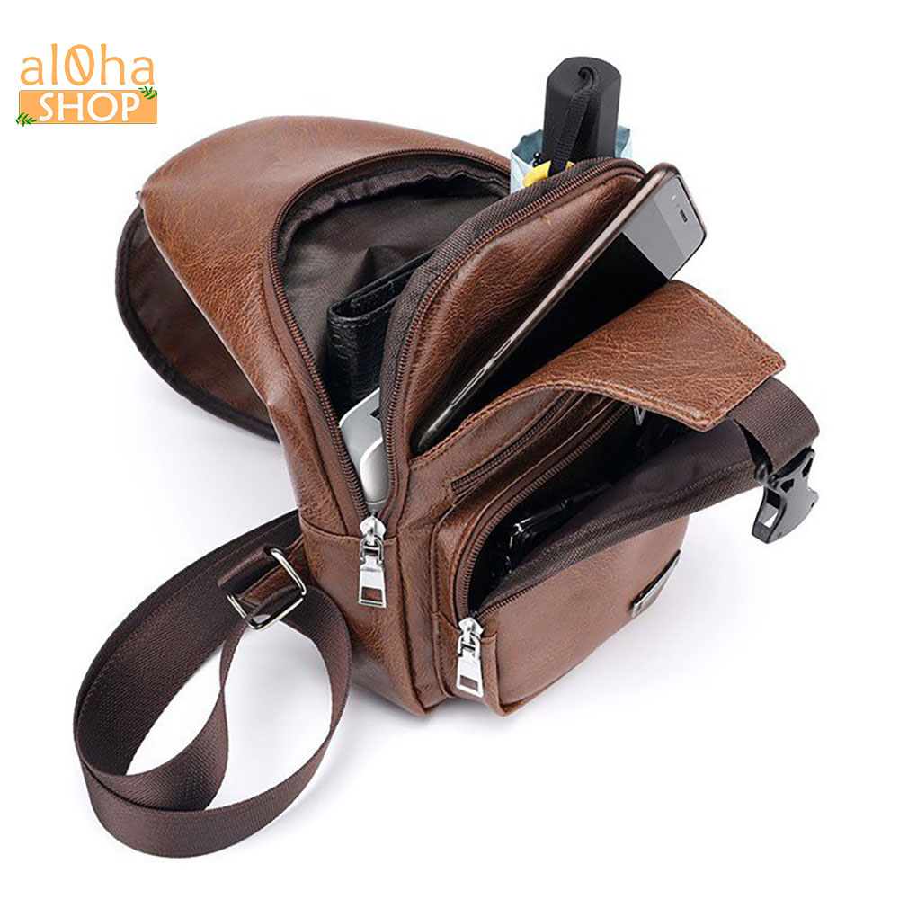 Túi đeo chéo tích hợp dây sạc USB da cao cấp, 4 ngăn unisex nam nữ chống nước - al0ha Shop