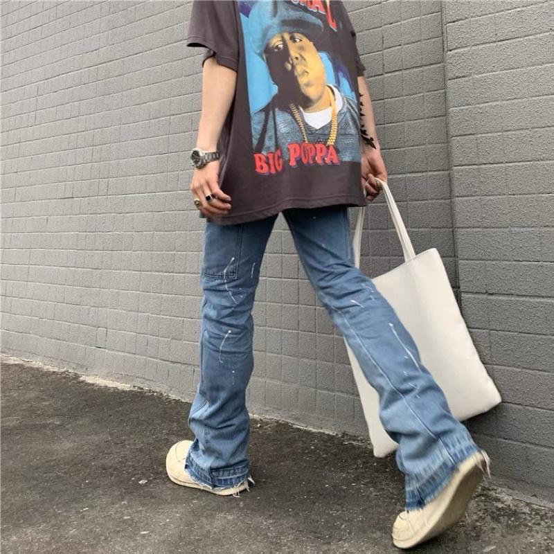 Quần Jeans Ống Loe Xả Lai Vẩy Sơn PLAYAZ Phong cách Vinatge Xanh - Đen