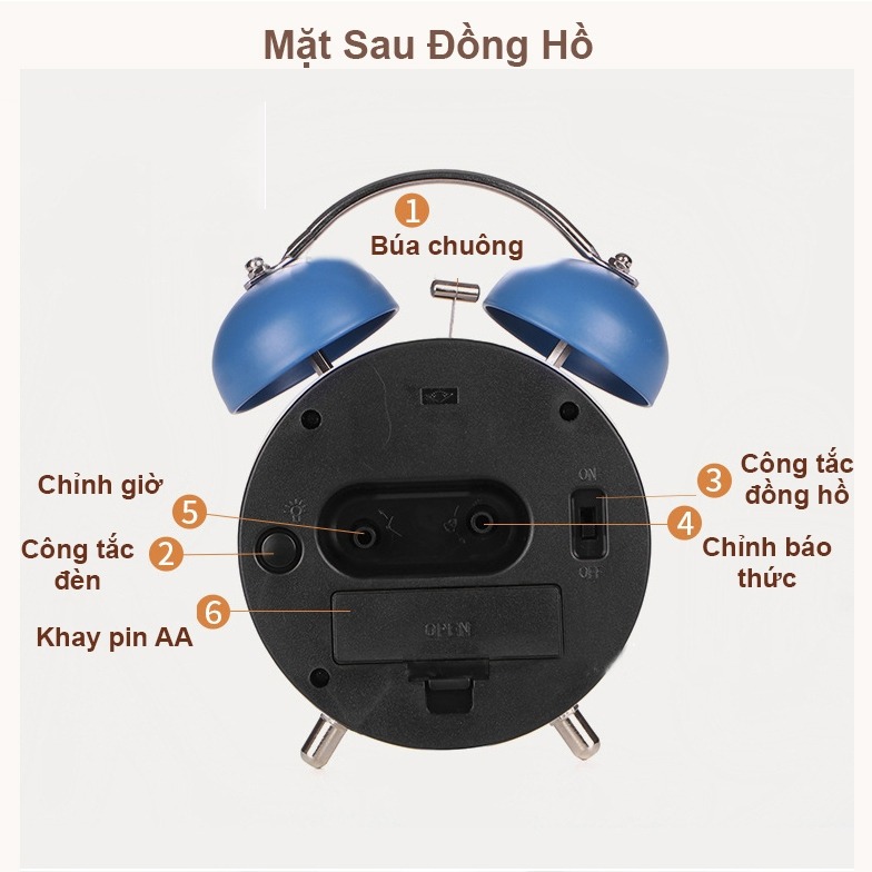 Đồng hồ báo thức Chuông kêu to để bàn Decor đẹp mini vintage Laluna đủ màu kim loại tích hợp đèn ngủ