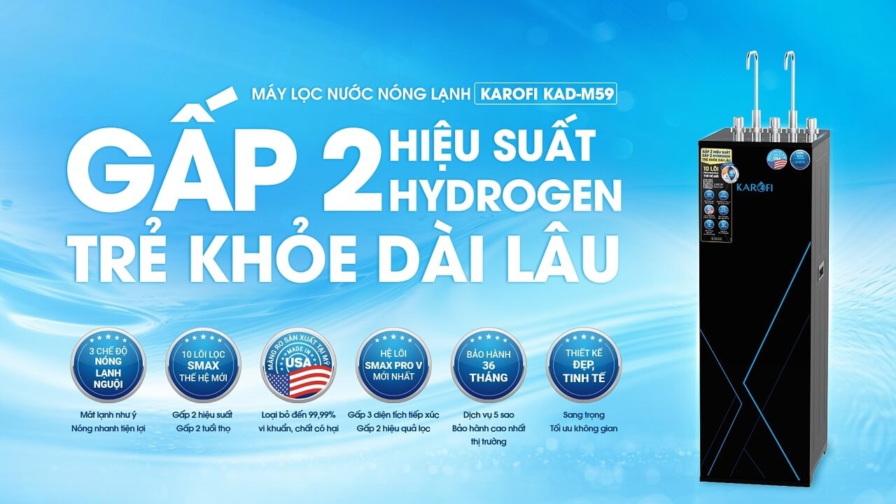 Máy lọc nước nóng lạnh RO Mỹ 10 lõi Karofi KAD-M59 - Giao trước lắp sau miễn phí toàn quốc - Bảo hành 36 tháng - Hàng chính hãng