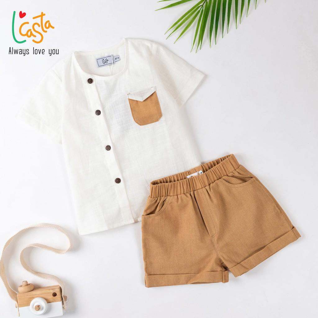 Bộ bé trai áo sơ mi nẹp lệch và quần short linen từ 1 đến 6 tuổi L’Casta