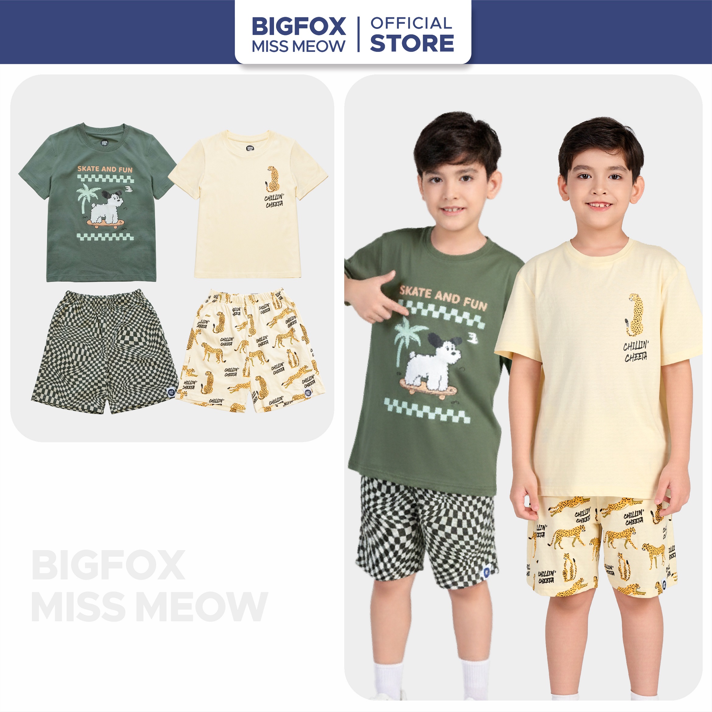 Bộ bé trai ngắn tay Bigfox Miss Meow size đại vải cotton mặc nhà mùa hè cho trẻ em nam 3-11 tuổi