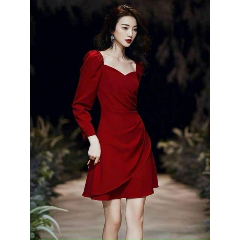Đầm váy nữ đỏ xếp li eo dài tay TKN