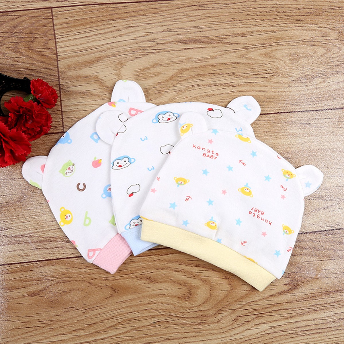 Combo 2 Mũ Che Thóp Cotton Mềm Cho Trẻ Sơ Sinh 0-6 Tháng - Họa Tiết Bé Gái