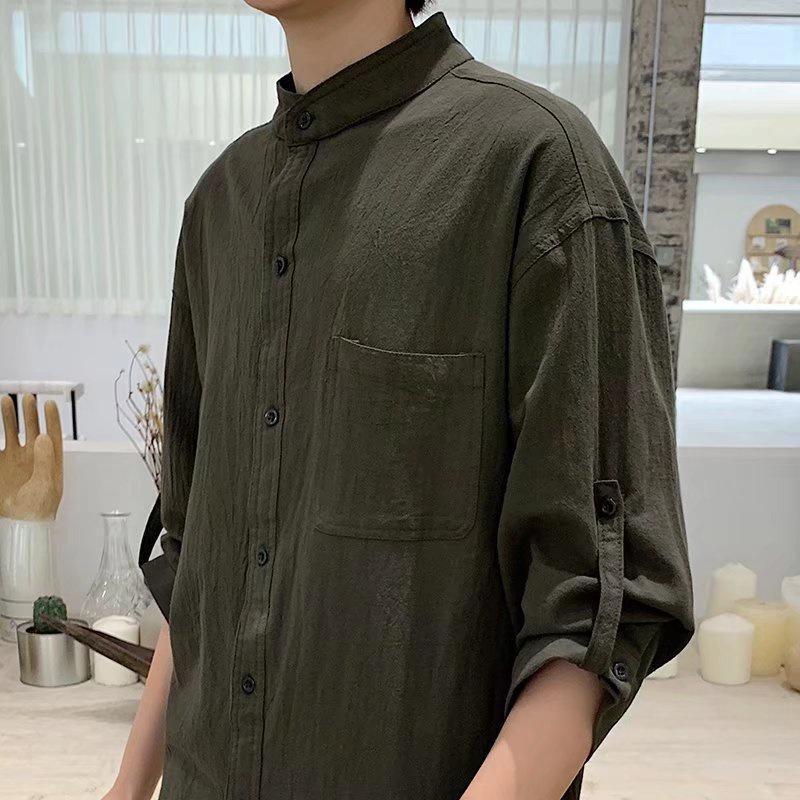 Áo Sơ Mi Cotton Lanh Tay Lỡ 3/4 Cổ Đứng 7 Màu Phong Cách Hàn Quốc Thời Trang Cho Nam M-3XL
