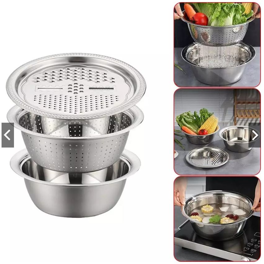 RỔ BÀO RAU CỦ INOX - BỘ THAU RỔ BÀO RAU CỦ INOX KHÔNG RỈ 3 MÓN (THAU+RỔ+MẶT BÀO) TẶNG KÈM MIẾNG CỌ RỬA CHÉN BÁT