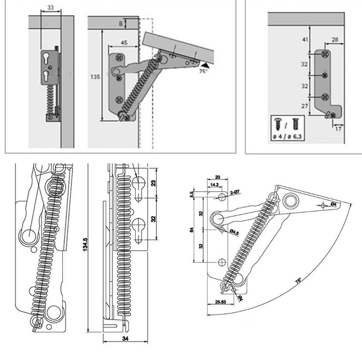 Bộ 2 bản lề 80 độ, dùng cho tủ bếp, tủ để đồ với cánh mở lật, làm bằng thép mạ niken chống gỉ