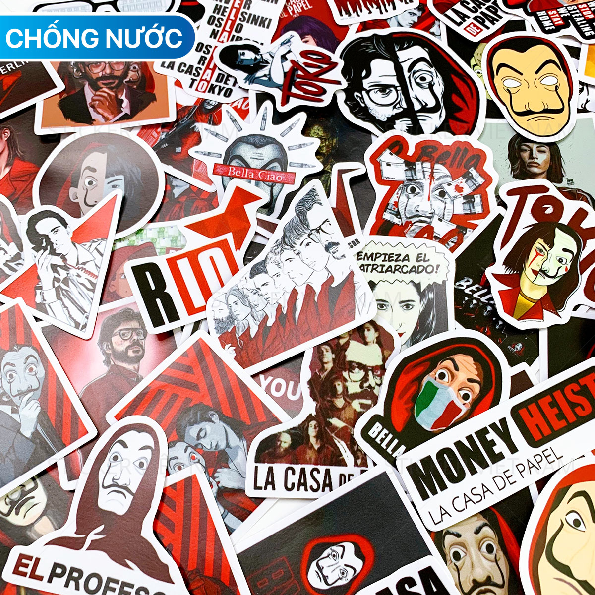 Sticker Money Heist - Phi Vụ Triệu Đô - Chất Liệu PVC Chất Lượng Cao Chống Nước - Kích Thước 4-8cm