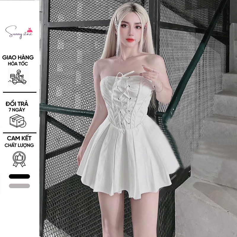 Váy quây cúp ngực đan dây chân váy xép ly