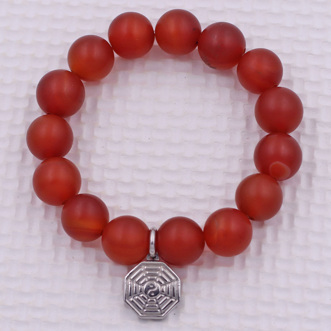Vòng chuỗi đeo tay mã não đỏ mờ charm bát quái inox, vòng tay hạt chuỗi, vòng chuỗi phong thủy, vòng tay nam nữ