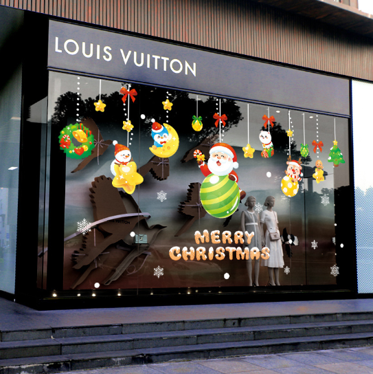 Decal trang trí Noel - Rèm dây ông già Noel ôm quả cầu