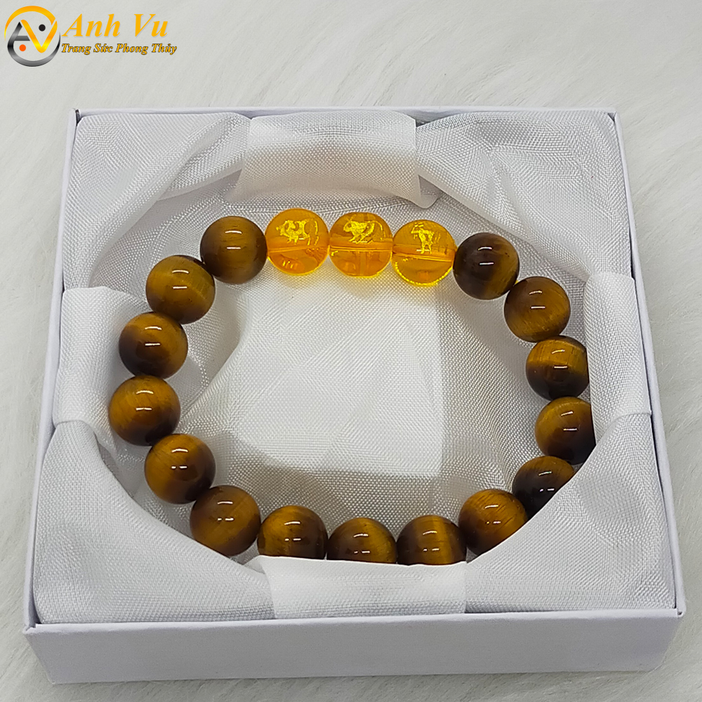Vòng tam hợp hợi mão mùi chất liệu mắt hổ vàng nâu tự nhiên - size 8 10 12ly cho người mệnh thổ, mệnh kim - có khai quang điểm nhãn may mắn tài lộc - bảo hành 12 tháng - PHONG THỦY ANH VŨ