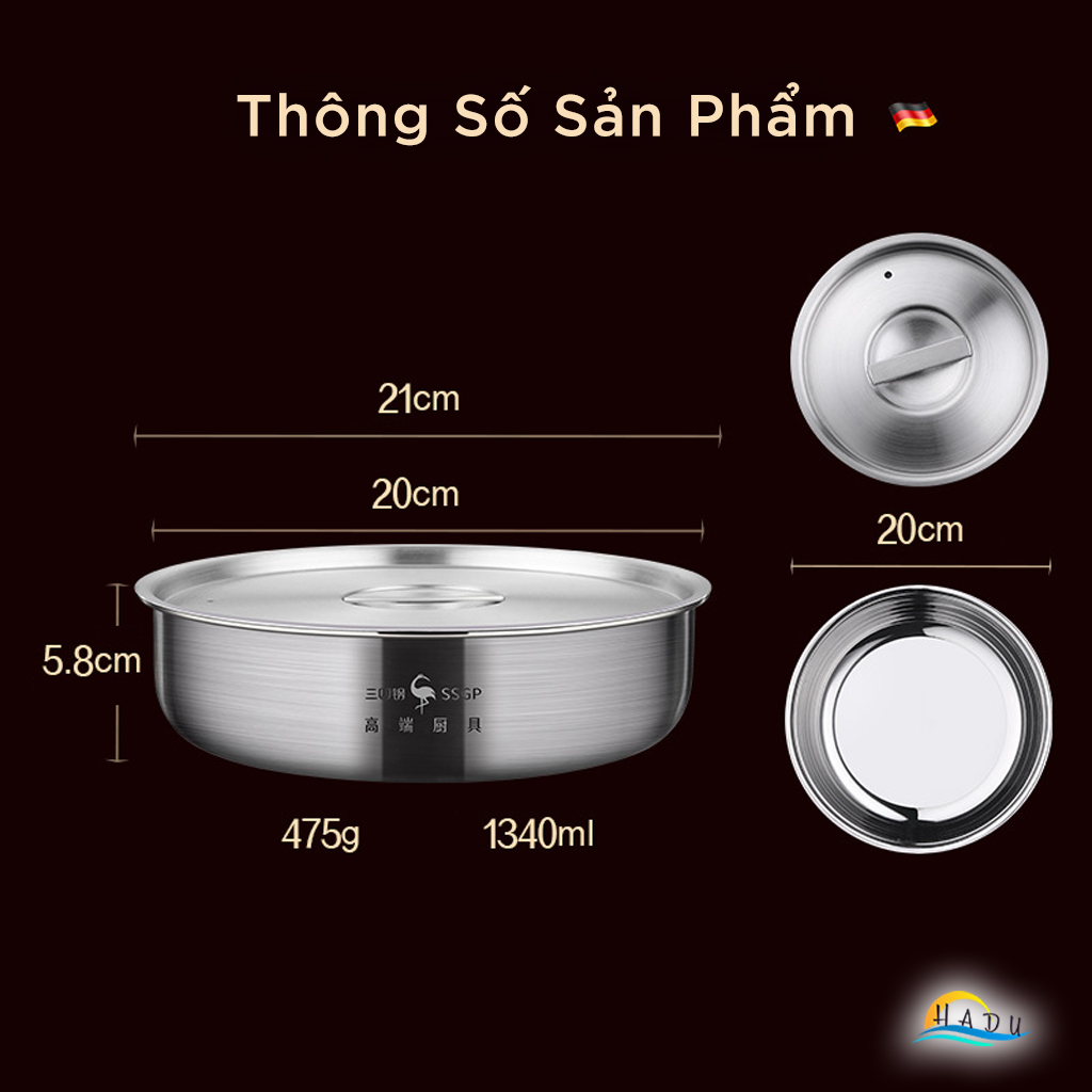Bát Tô Đựng Canh Hấp Trứng Có Nắp Đậy 20cm Inox 304 Cao Cấp Đạt Chất Lượng LFGB Đức SSGP