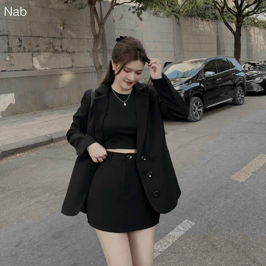 M10 set vest 3 món áo crop thun kèm chân váy mango phối khoác công sở nina lê