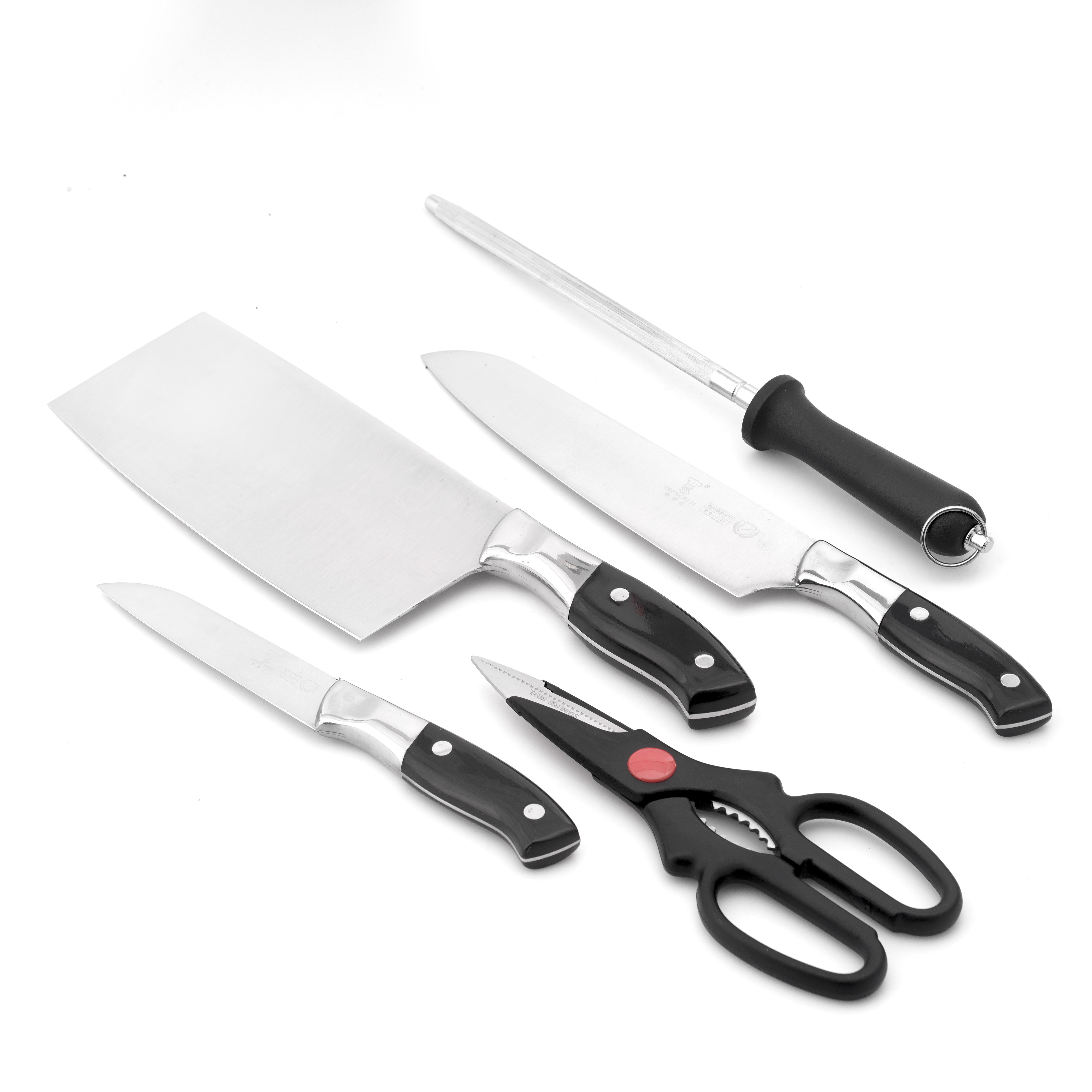 Bộ dao nhà bếp 6 món (3 dao, 1 đồ mài, 1 kéo, 1 hộp đựng dao bằng nhựa)