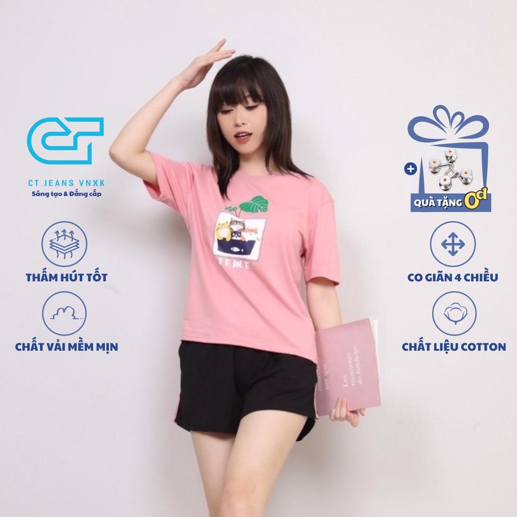 Bộ Đồ Nữ Cotton Mặc Nhà Mùa Hè Tay Cộc Quần Đùi Sọc Cổ Tròn Cao Cấp In Mèo CT Women