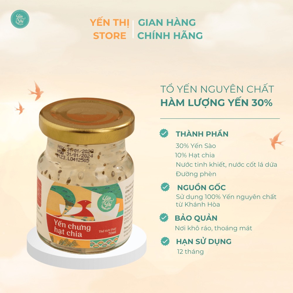 (Tặng muỗng gỗ đơn 450k)Yến Thị-Bán Lẻ- Chưng sẵn 70ml- 30% Yến