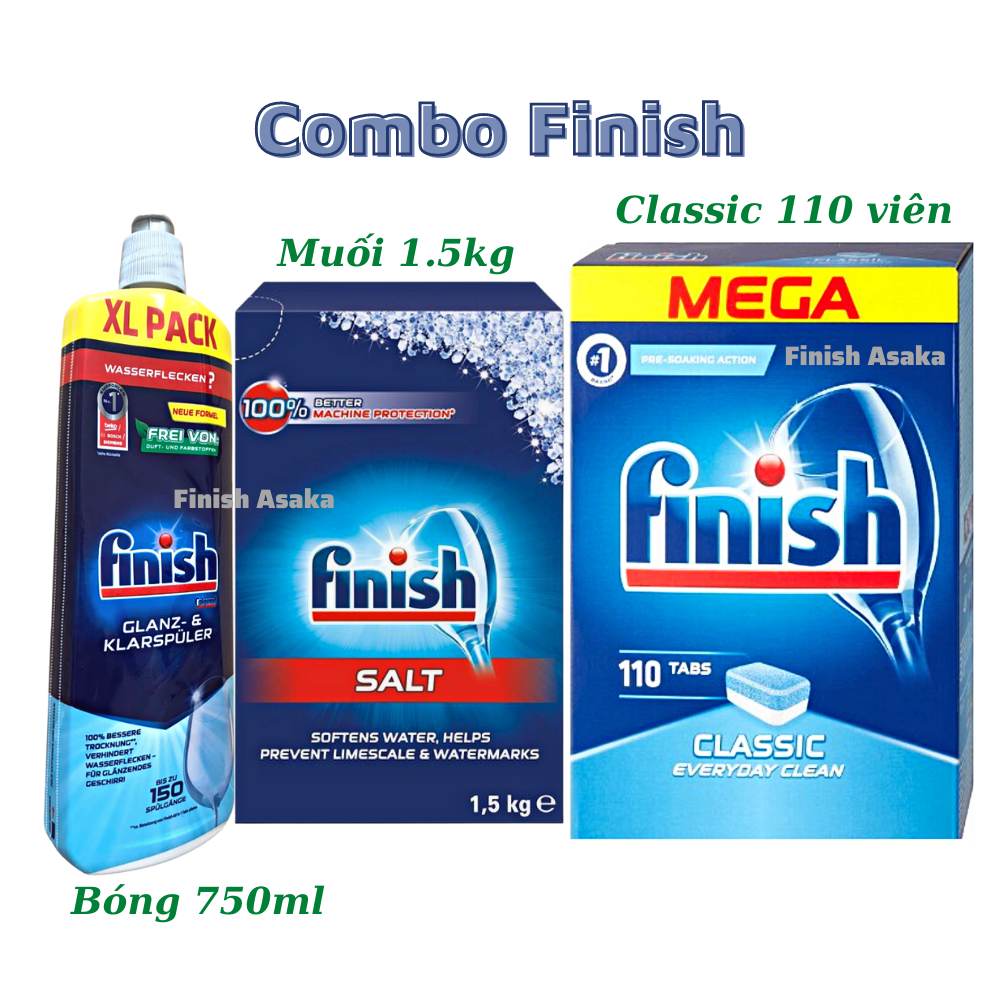 Combo rửa bát Finish: Nước làm bóng Chai 750ml, Hộp classic 90 Viên, Muối hộp 1,5kg - chính hãng