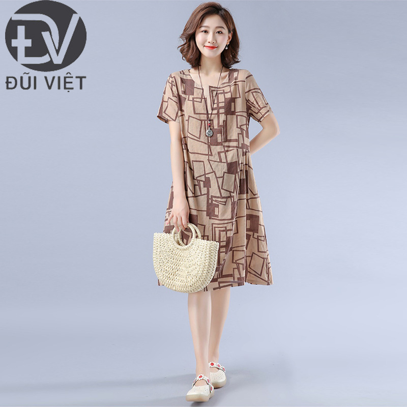 Đầm linen dáng suông cổ tròn tay ngắn, hoạ tiết trẻ trung Đũi Việt