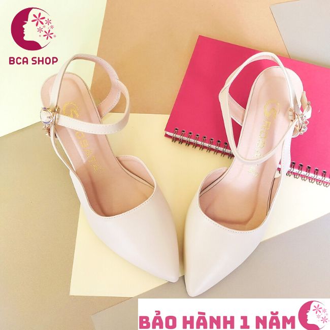 Giày sandal nữ cao gót 6 phân RO360 thời trang cao cấp ROSATA mũi nhọn, quai sau, kèm hạt kim cương nhân tạo, màu kem