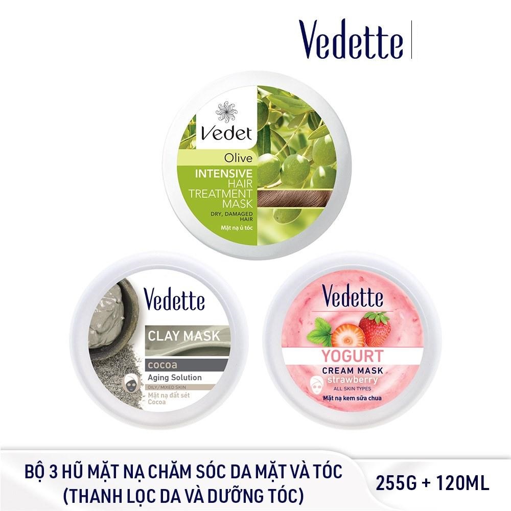 Bộ Mặt Nạ Chăm Sóc Da và Tóc Toàn Diện VEDETTE - Thanh Lọc và Dưỡng Da - Bùn 145, Dâu 120 & Olive 110