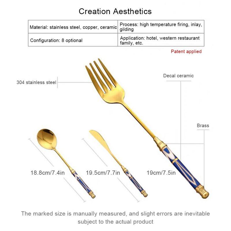 Vàng Chén Ăn Bộ Gốm Tay Cầm Thép Không Gỉ Kiềng Bạc Phẳng Bằng Dao Muỗng Nĩa Dao Kéo Nhà Đồ Dùng Nhà Bếp 3 Cái/bộ