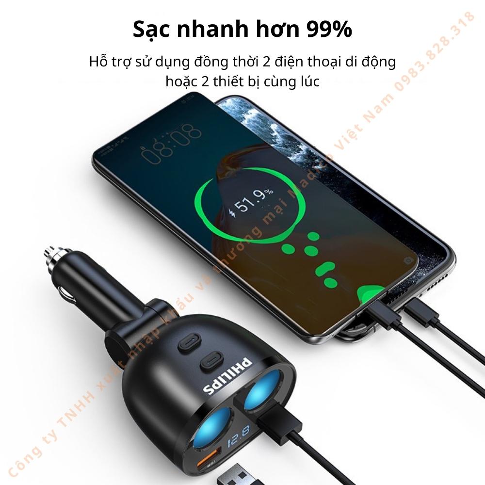 Bộ chia tẩu sạc Philips DLP4007 (Màu đen) có sạc nhanh QC 3.0, 2 cổng tẩu, 2 đầu usb - Hàng nhập khẩu