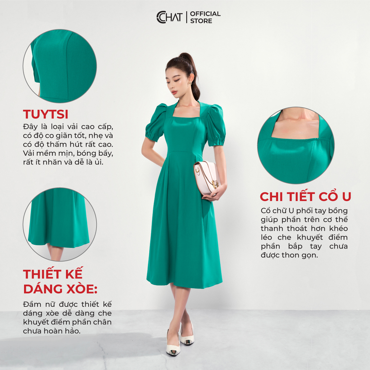 Đầm Nữ CCHAT Dáng Xòe Tay Phồng Xếp Ly Chất Tuytsi Cao Cấp 12VNS2025XT