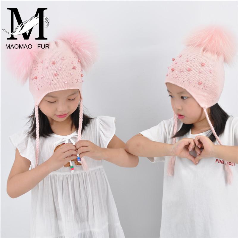 Trẻ Em Mùa Đông Ấm Áp Mũ Đôi Lông Pom Pom Beanie Len Dệt Kim Mũ Cho Bé Bé Trai Bé Gái Thật Gấu Trúc Lông Bóng bò Mũ Bonnet