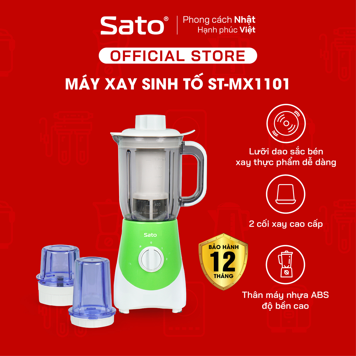 Máy xay sinh tố đa năng Sato ST-MX1101 1.4L - Công suất 300W, 4 lưỡi giúp xay nhuyễn bằng inox không gỉ, nhựa ABS an toàn chịu lực tốt, an toàn, tháo lắp dễ dàng - Miễn phí vận chuyển toàn quốc - Hàng chính hãng