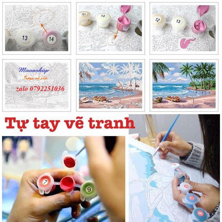 Tranh sơn dầu số hóa rẻ,đẹp-tranh tô màu theo số- tranh hoa sen đẹp 2, Tặng khăn,khung gỗ 40x50-T1