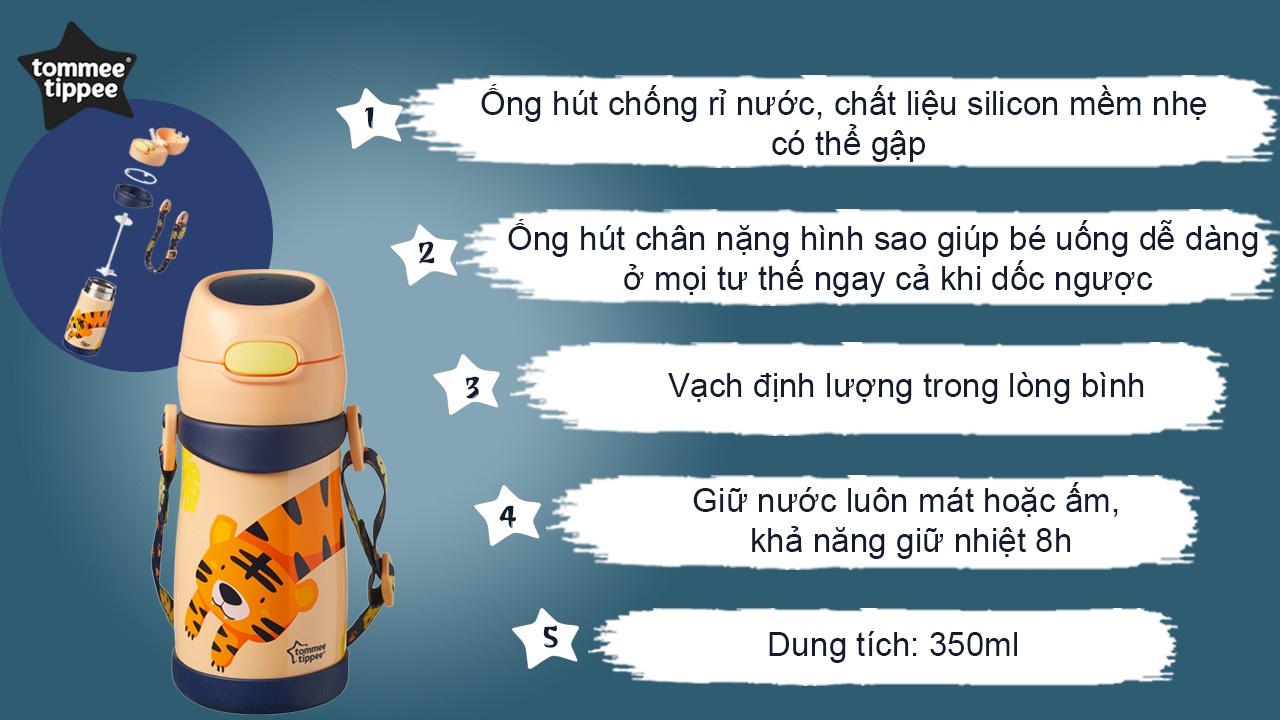 Bình uống nước Inox giữ nhiệt có ống hút và quai treo cho bé Tommee Tippee 350ml từ 18 tháng