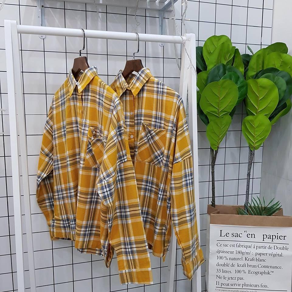 Áo sơ mi oversize caro vàng
