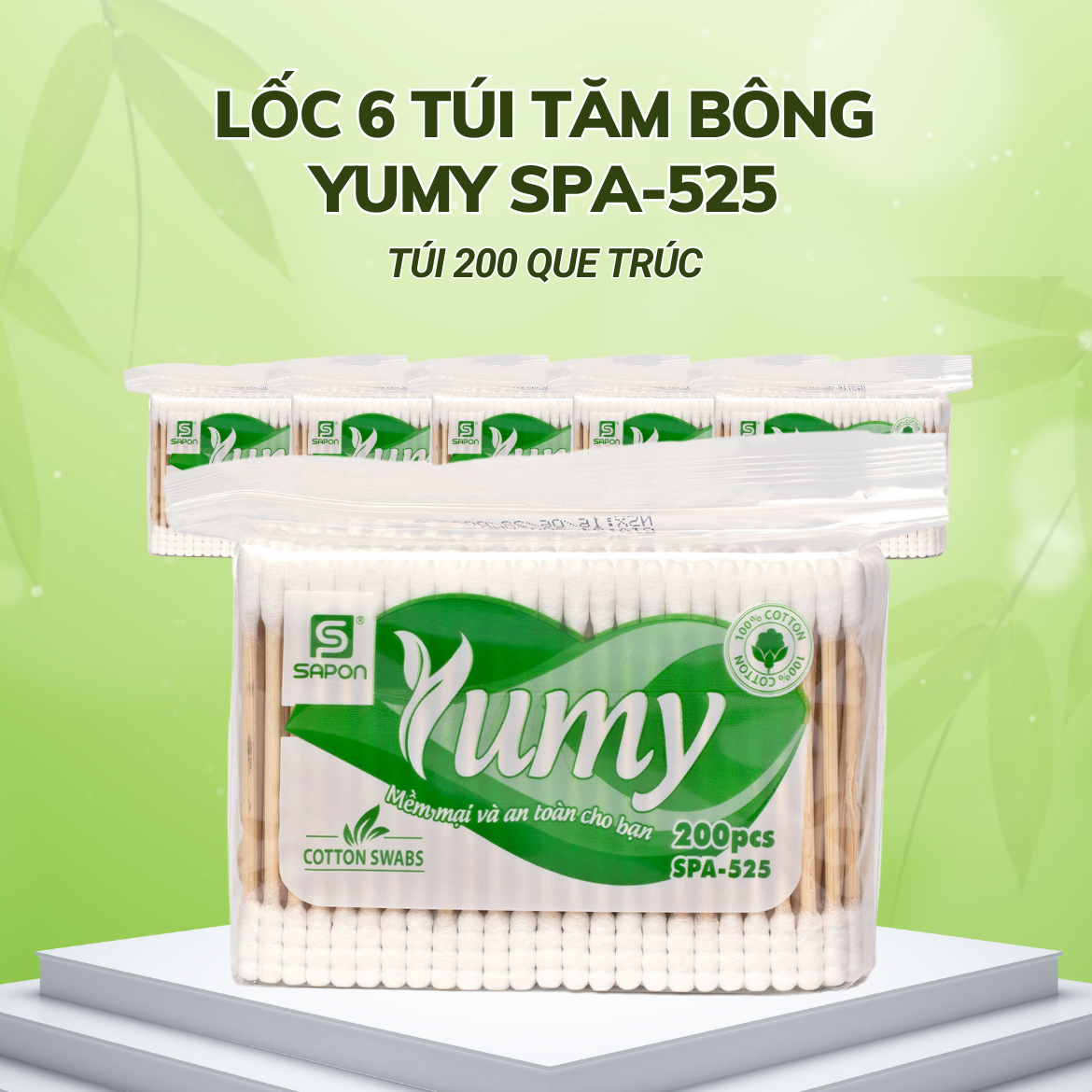 Lốc 6 gói Tăm bông Yumy người lớn thân trúc túi 200 que SPA-525