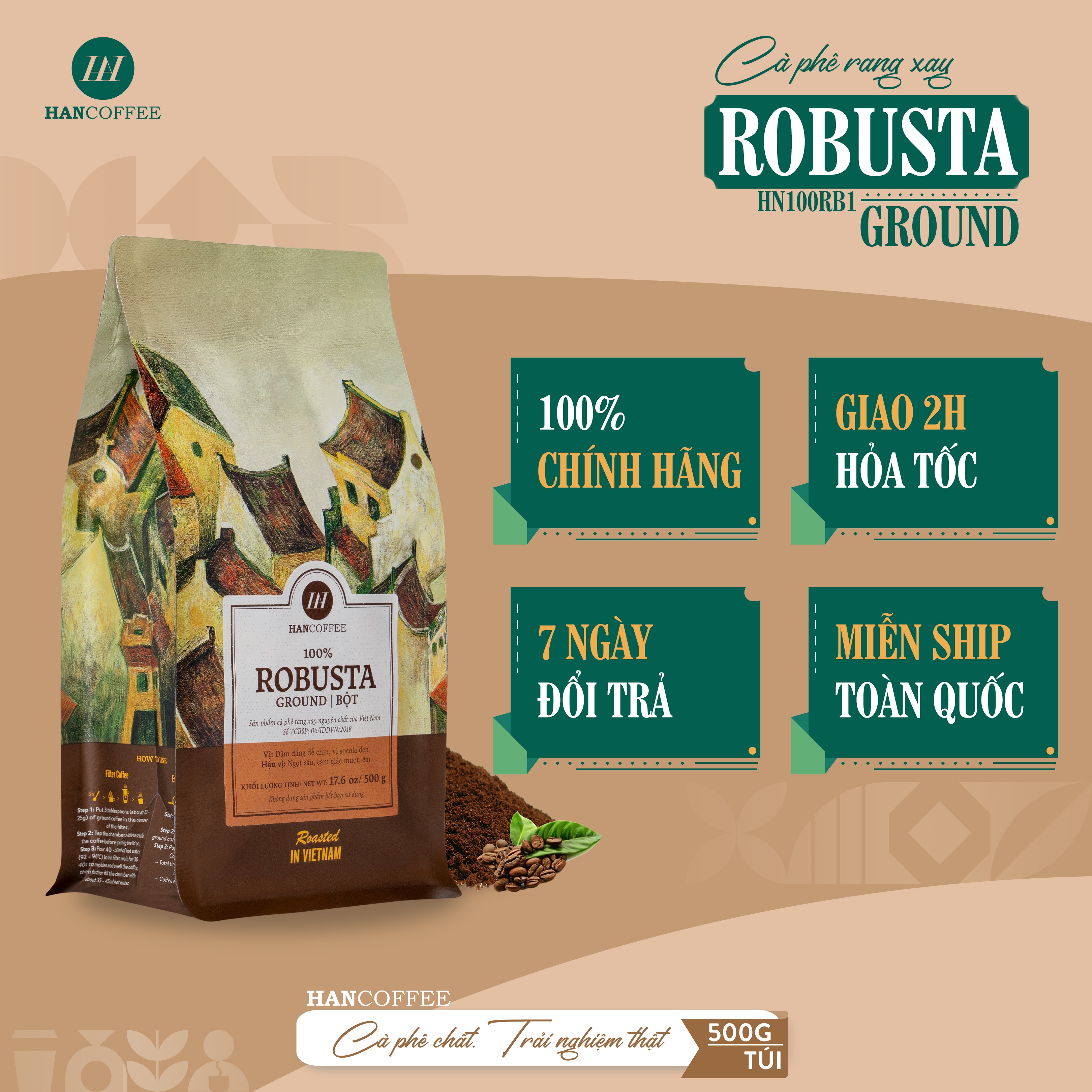 Cà Phê Robusta - Cafe Rang Mộc 100% HANCOFFEE  Đắng Vừa, Hậu Ngọt, Dễ Uống Pha Phin - HN100RB1