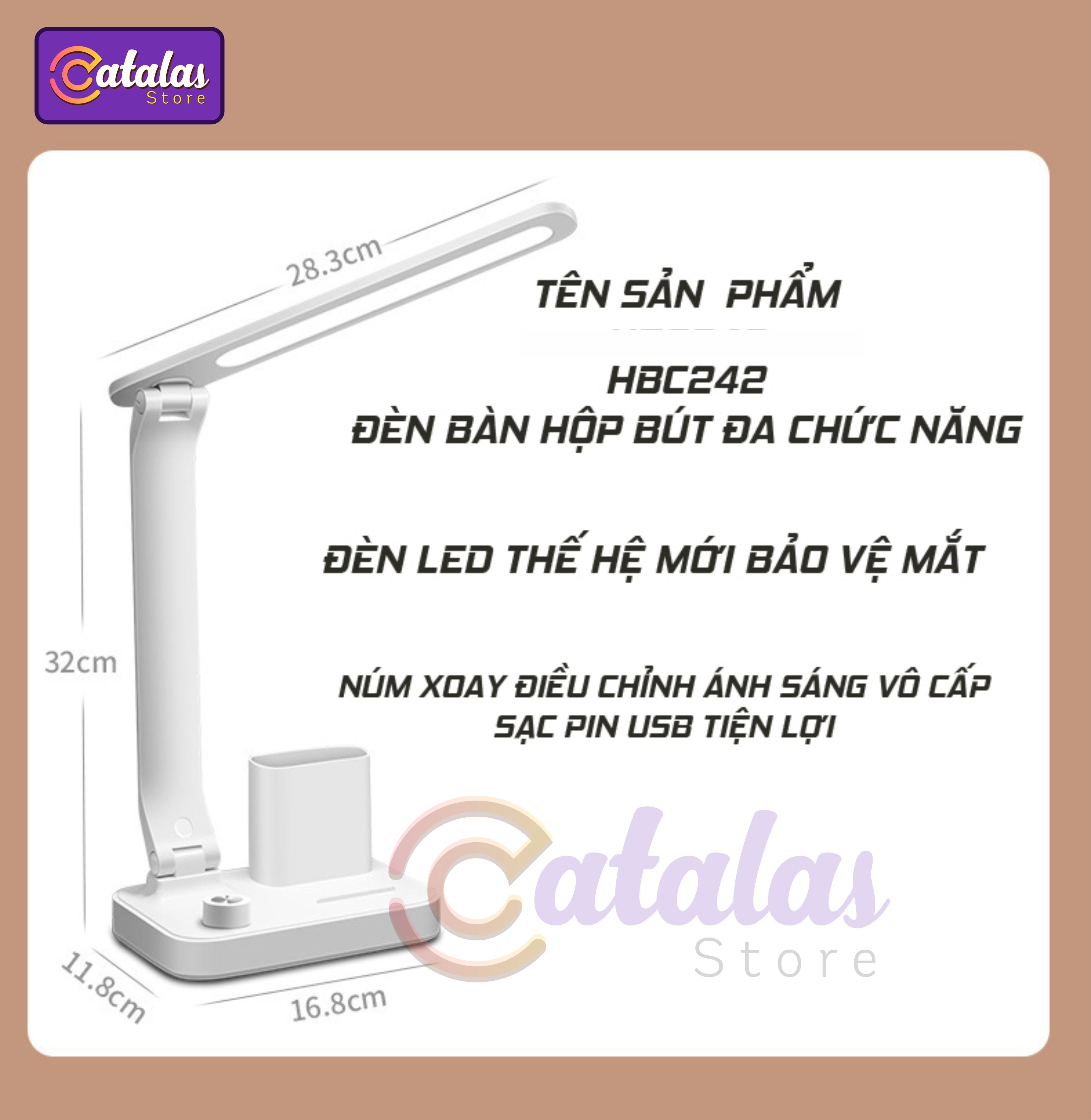 Đèn Bàn Học, Đọc Sách Bảo Vệ Mắt HBC24, Hộp Đựng Bút, Đèn Chống Cận, Ba Chế Độ Sáng, Làm Việc Tối ưu Chất Lượng Cao