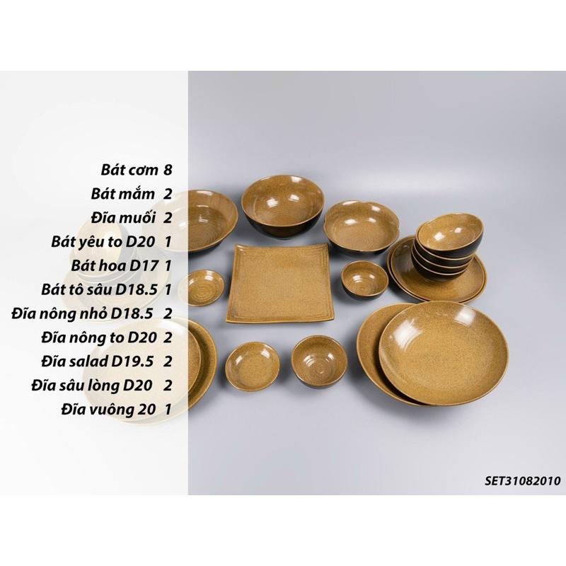 Bộ bát đĩa men nâu 24 món, phong cách Nhật. Gốm sứ Bát Tràng