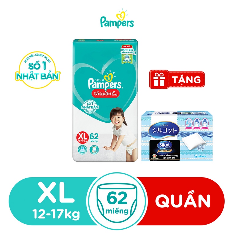 Tã Quần Pampers Giữ Dáng Mới Gói Cực Đại M74 (74 Miếng)/ L68 (68 Miếng)/ XL62 (62 Miếng)/ XXL56 (56 Miếng) [Tặng kèm bông tẩy trang Silcot