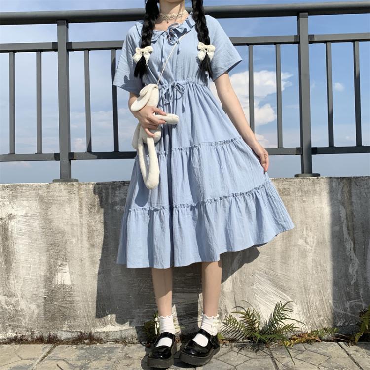 DONGSHOP Váy bé gái mùa hè Hàn Quốc rộng thùng thình học sinh trung học mùa hè váy 12 năm cô gái học viện phong cách bánh váy