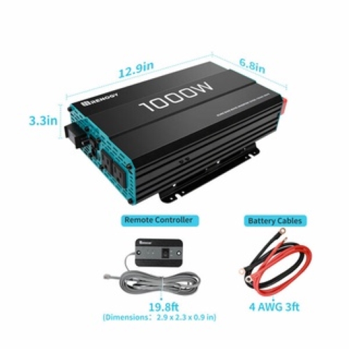 Bộ Đổi Điện Sóng Sin Chuẩn, Bộ Kích Điện INVERTER 12V công suất 1000W thương hiệu RENOGY của MỸ sử dụng trên RV, motorhome và pickup