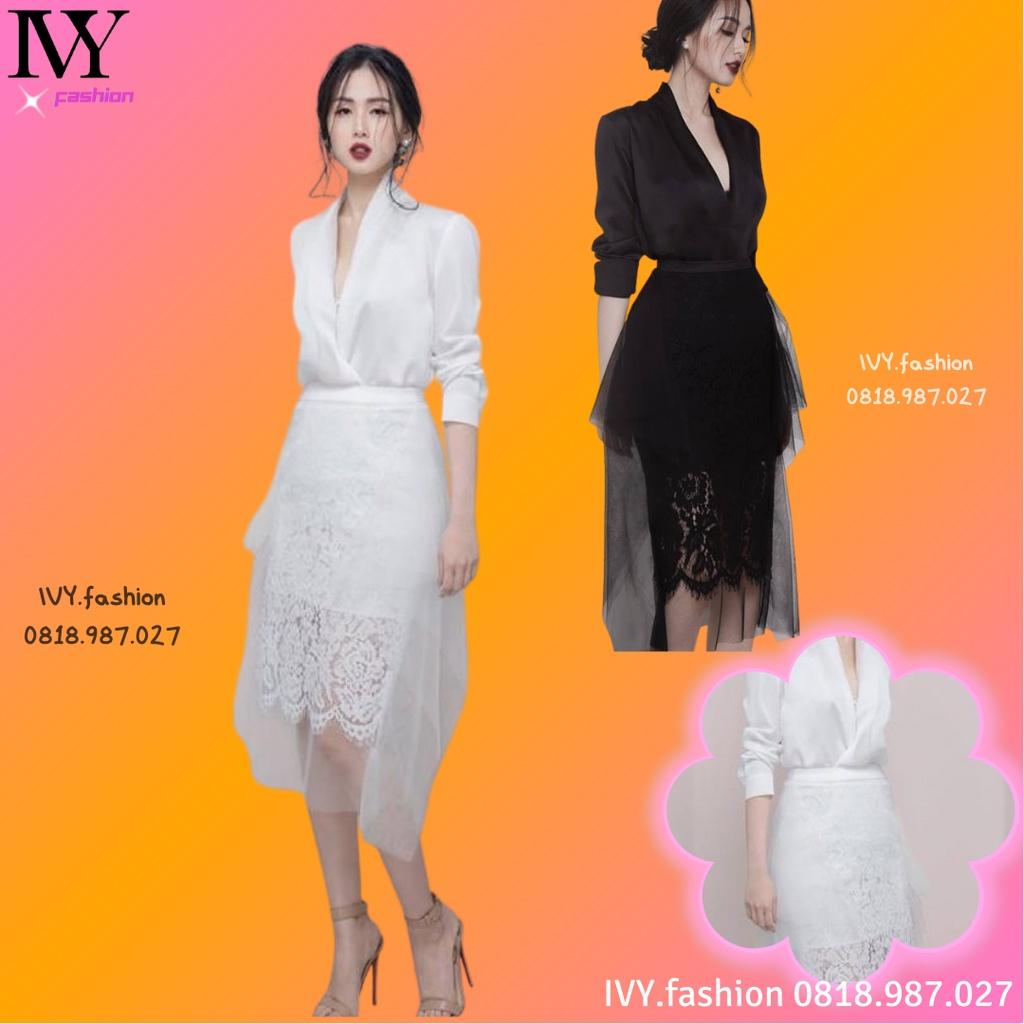 Set áo đầm váy phi mờ ren lưới mềm đen trắng tay dài cổ V công sở đi biển dự tiệc dạo phố bigsize cao cấp