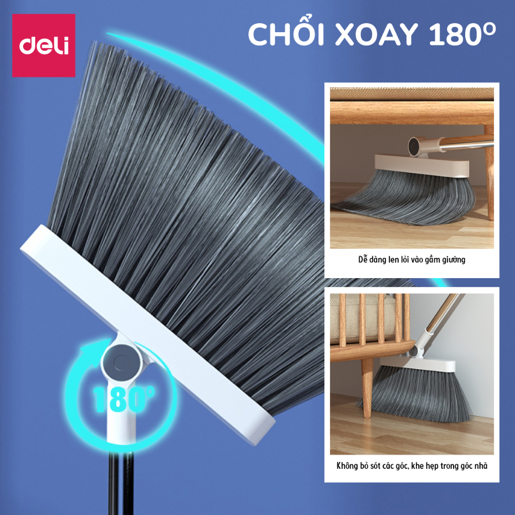 Bộ chổi quét nhà kèm hót rác tự gạt tóc xoay 180 độ Deli thông minh, chổi xẻng quét nhà gấp gọn