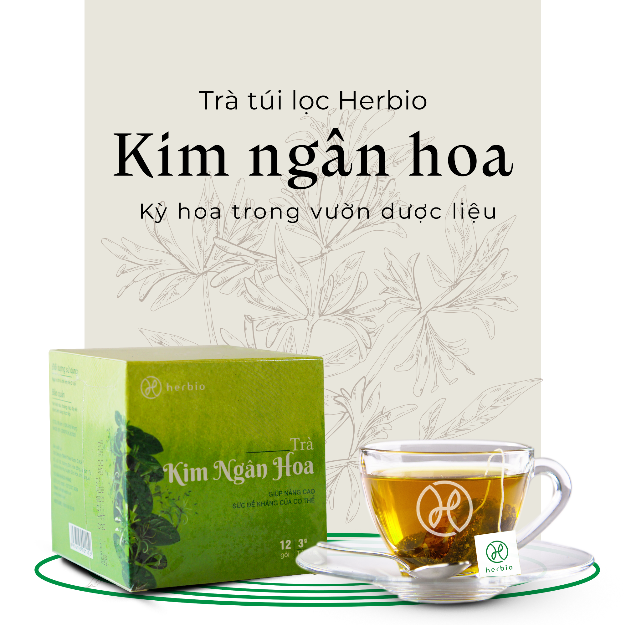 TRÀ THẢO DƯỢC TÚI LỌC KIM NGÂN HOA HERBIO - thơm tự nhiên, giúp kháng khuẩn, kháng vi rút, chống viêm, giải nhiệt, nâng cao sức đề kháng - hộp 12 gói x 3gr