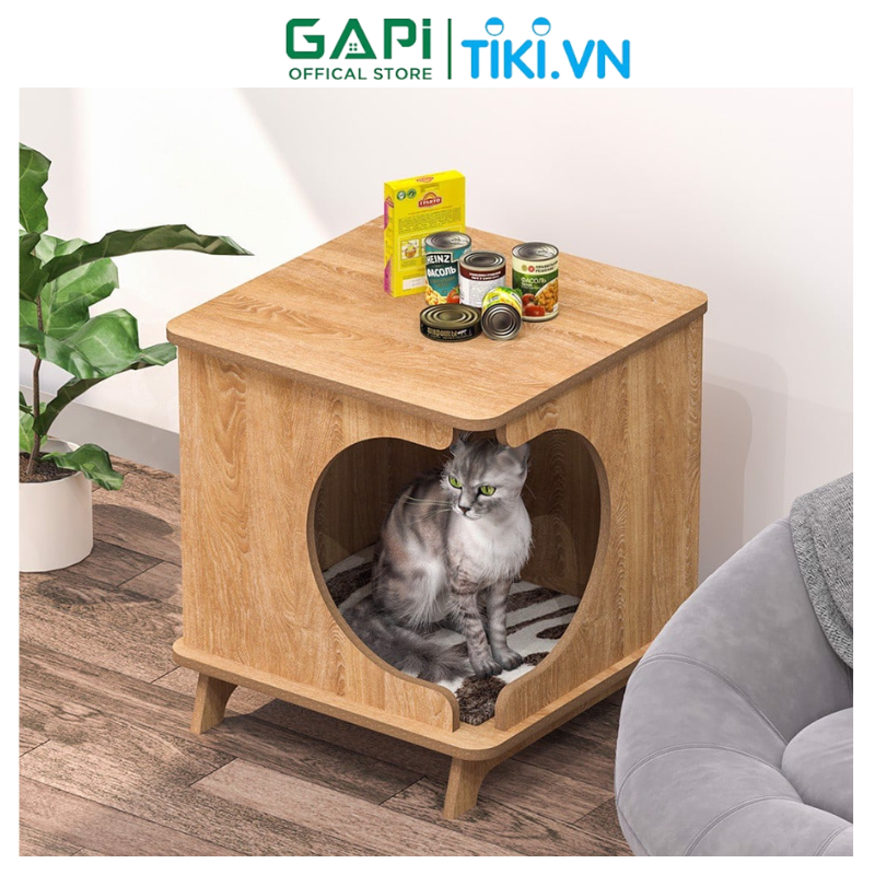 Nhà gỗ cho thú cưng GAPI, nhà mèo cửa hình quả táo hiện đại, xinh xắn GP204