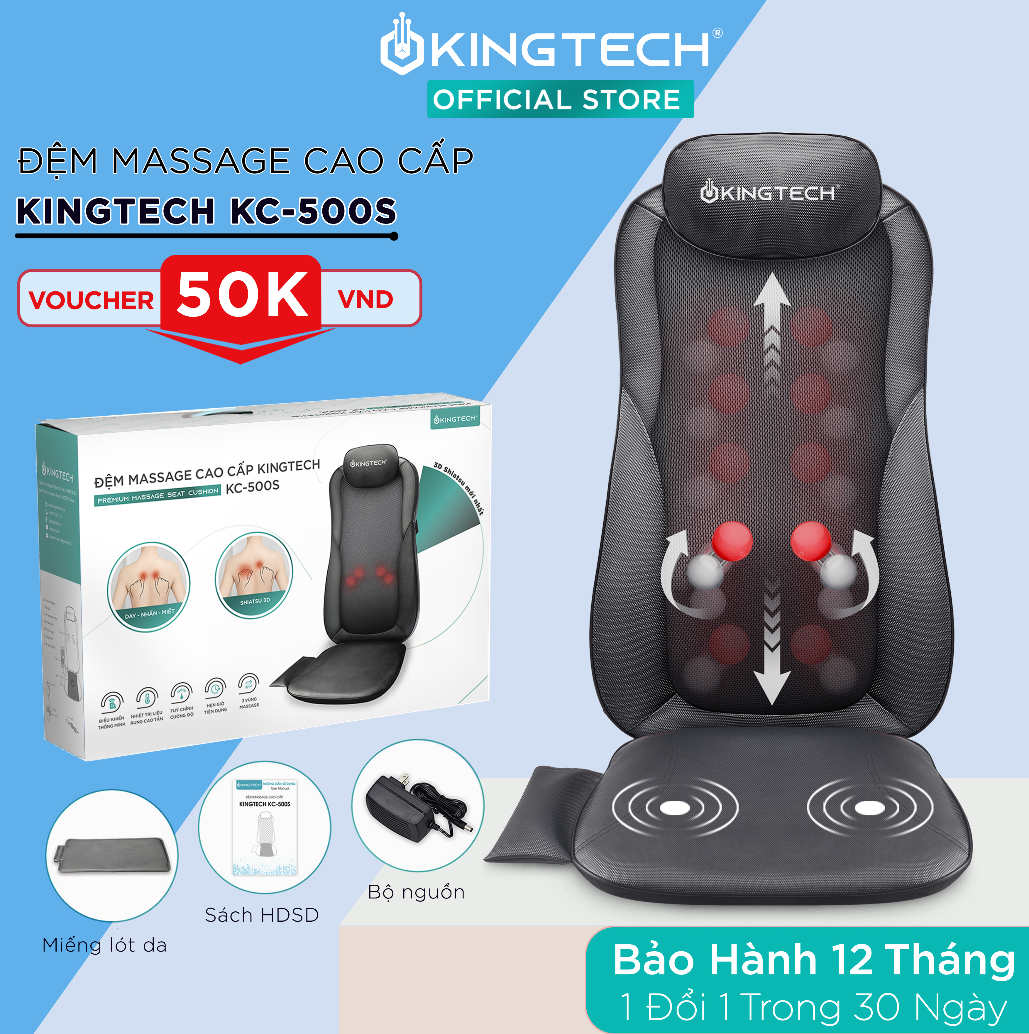 Đệm, Ghế Massage Cao Cấp KingTech KC-500s - Máy Mát Xa Lưng Chế Độ 3D Chuyên Sâu, Kết Hợp Tính Năng Nhiệt Hồng Ngoại - Hàng Chính Hãng