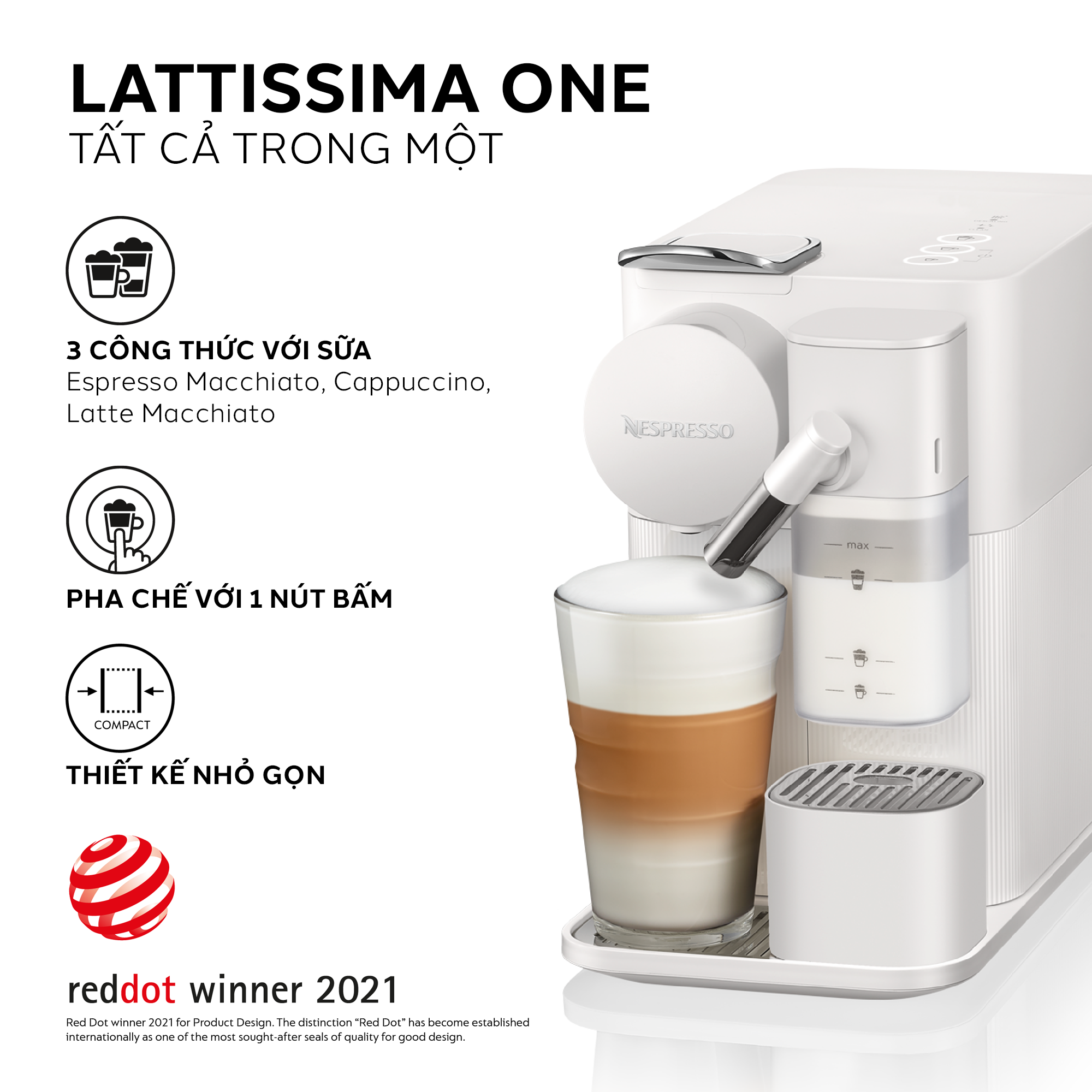 Máy pha cà phê Nespresso Lattissima One Trắng - Hàng chính hãng